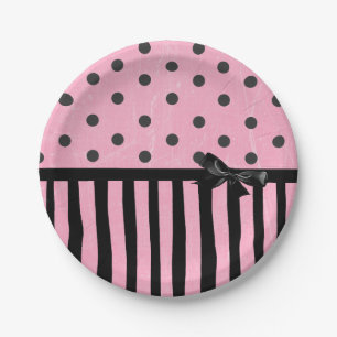 Dark Pink and Black Polka Dot Striped  Paper Plate