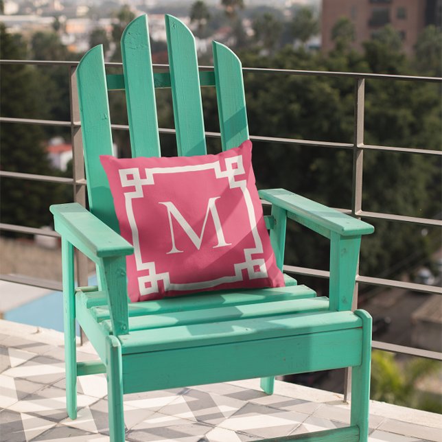 Dark Pink and White Monogrammed Greek Key Border Cushion (Create your own monogrammed Greek Key border square throw pillow.)