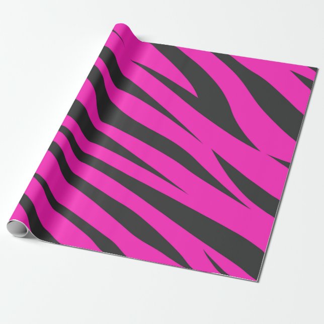 Dark Pink and White Zebra Stripes Animal Print Wrapping Paper (Unrolled)