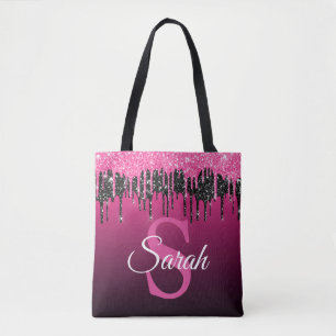 Dark Pink Black Glitter Monogram Modern Luxury Tote Bag