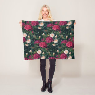 Dark Pink Camellias & White Rhododendrons Fleece Blanket