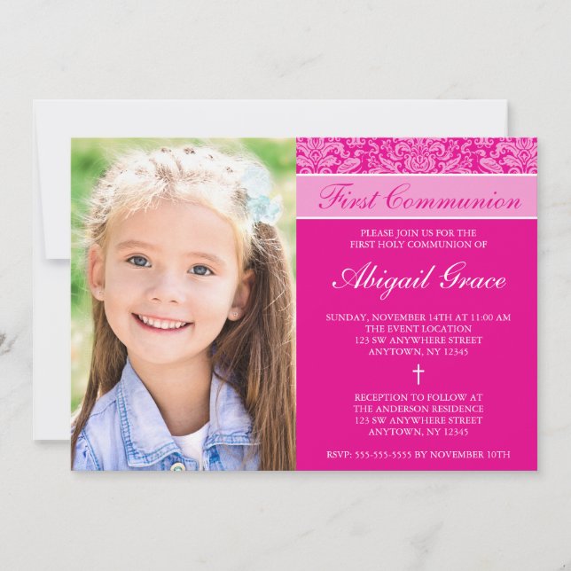 Dark Pink Damask Girl Photo First Communion Invitation (Front)