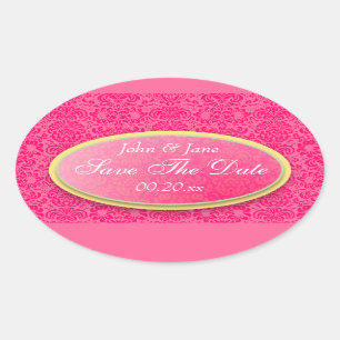 Dark Pink Damask "Save the Date" Oval Sticker