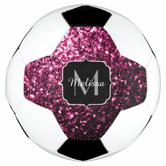 Dark pink faux glitter sparkle Monogram name Soccer Ball (Front)