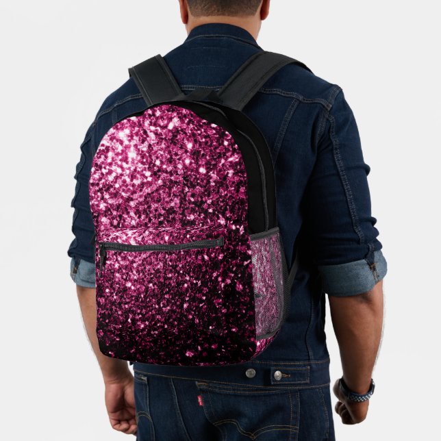 Dark pink faux glitter sparkles and black printed backpack (Insitu (Model))