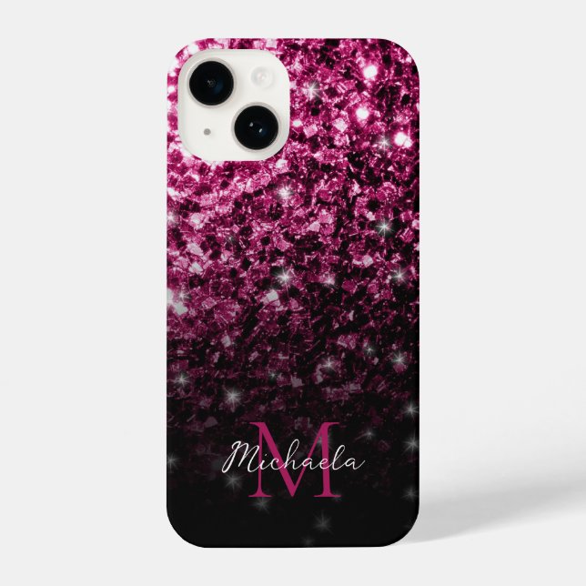Dark Pink faux glitter sparkles bling Monogram iPhone Case (Back)