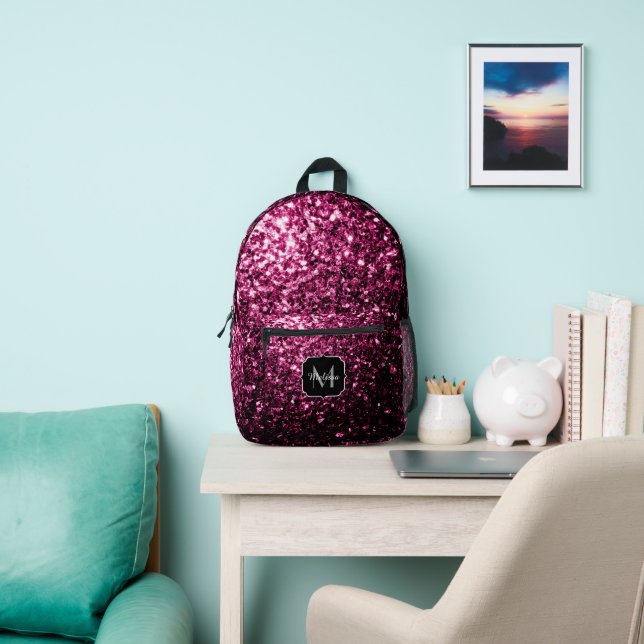 Dark pink faux glitter sparkles Monogram Printed Backpack (Insitu)