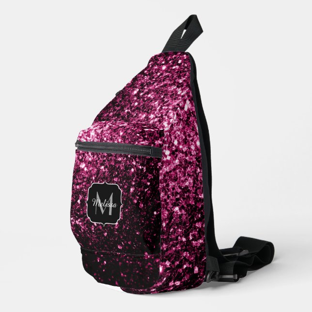 Dark pink faux glitter sparkles Monogram Sling Bag (Right Corner)