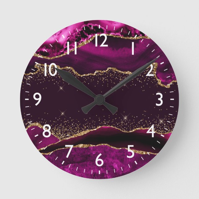 Dark Pink & Faux Gold Glitter Agate Round Clock (Front)