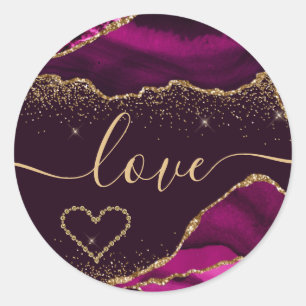 Dark Pink & Faux Gold Glitter Agate Valentine's Classic Round Sticker