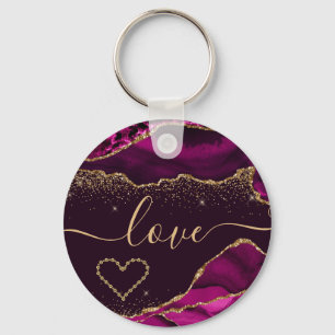 Dark Pink & Faux Gold Glitter Agate Valentine's Key Ring