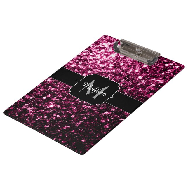 Dark Pink faux shiny glitter sparkles Monogram Clipboard (Angled)