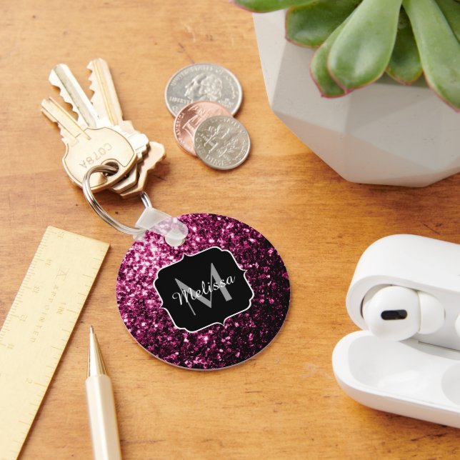 Dark Pink faux shiny glitter sparkles Monogram Key Ring (Desk)