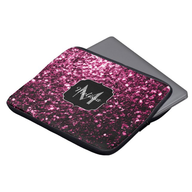 Dark Pink faux shiny glitter sparkles Monogram Laptop Sleeve (Front Top)