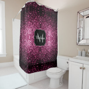 Dark Pink faux shiny glitter sparkles Monogram Shower Curtain