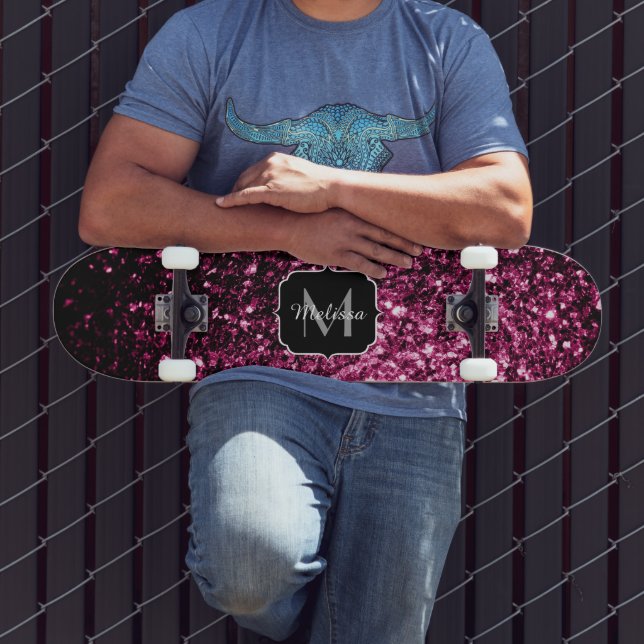 Dark Pink faux shiny glitter sparkles Monogram Skateboard (Outdoor 3)