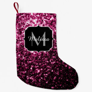Dark Pink faux shiny glitter sparkles Monogram Small Christmas Stocking