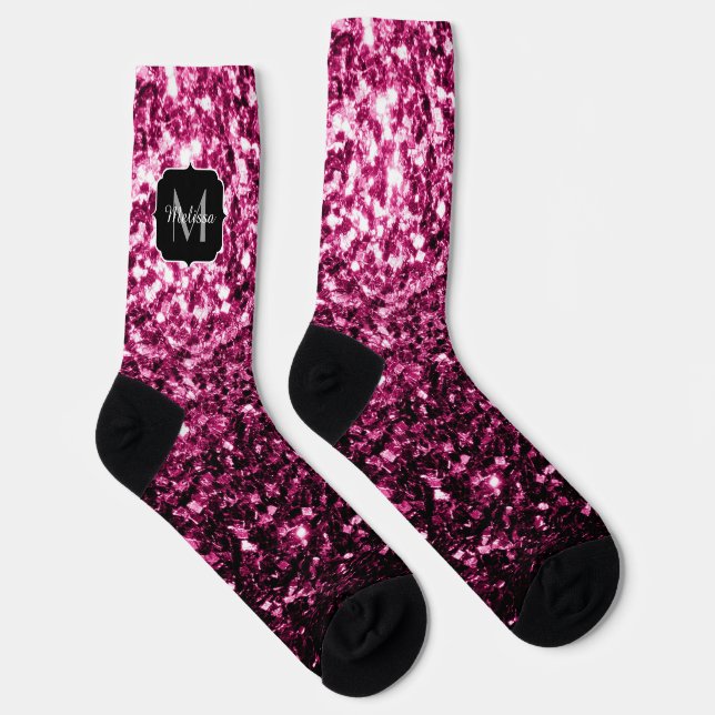 Dark Pink faux shiny glitter sparkles Monogram Socks (Right)