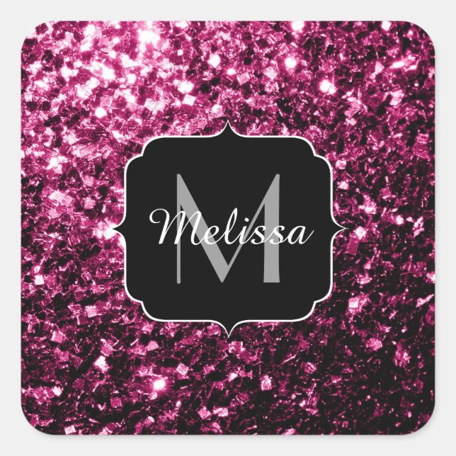 Dark Pink faux shiny glitter sparkles Monogram Square Sticker (Front)