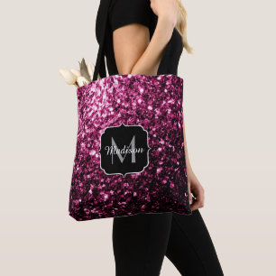 Dark Pink faux shiny glitter sparkles Monogram Tote Bag