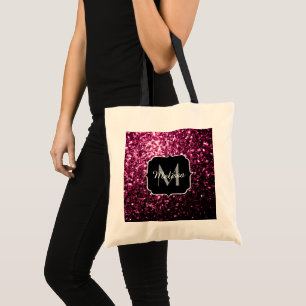Dark Pink faux shiny glitter sparkles Monogram Tote Bag