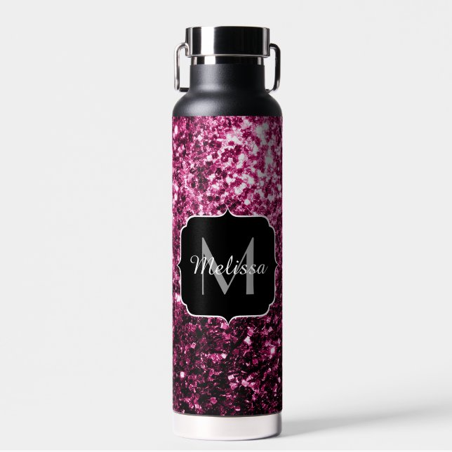 Dark Pink faux shiny glitter sparkles Monogram Water Bottle (Front)