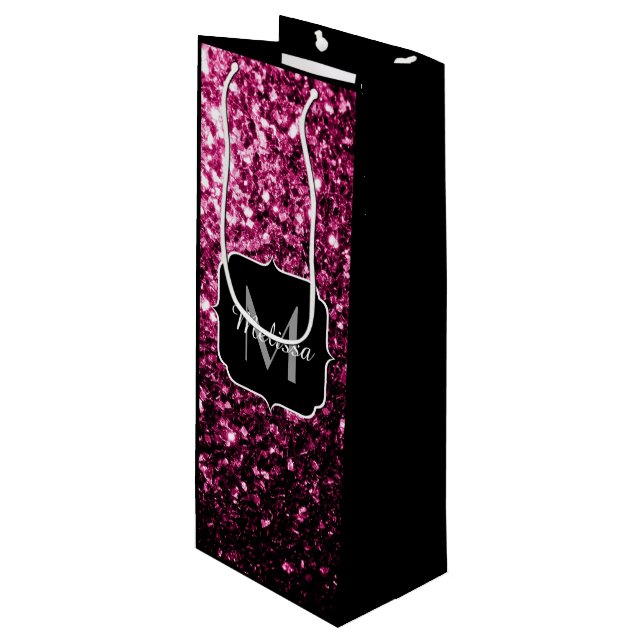 Dark Pink faux shiny glitter sparkles Monogram Wine Gift Bag (Front Angled)