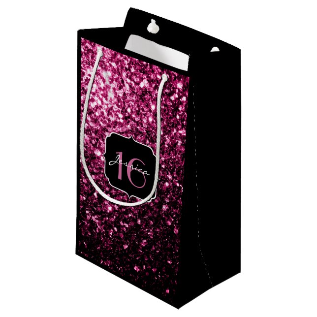 Dark Pink faux shiny glitter sparkles Sweet 16 Small Gift Bag (Front Angled)