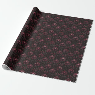 Dark Pink Floral Damask on Black Wrapping Paper