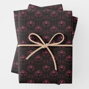 Dark Pink Floral Damask on Black Wrapping Paper Sheet