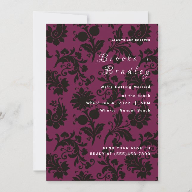 Dark Pink Floral Damask Wedding Invitation (Front)