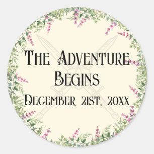 Dark Pink Floral Sword and D20 RPG Inspired Classic Round Sticker