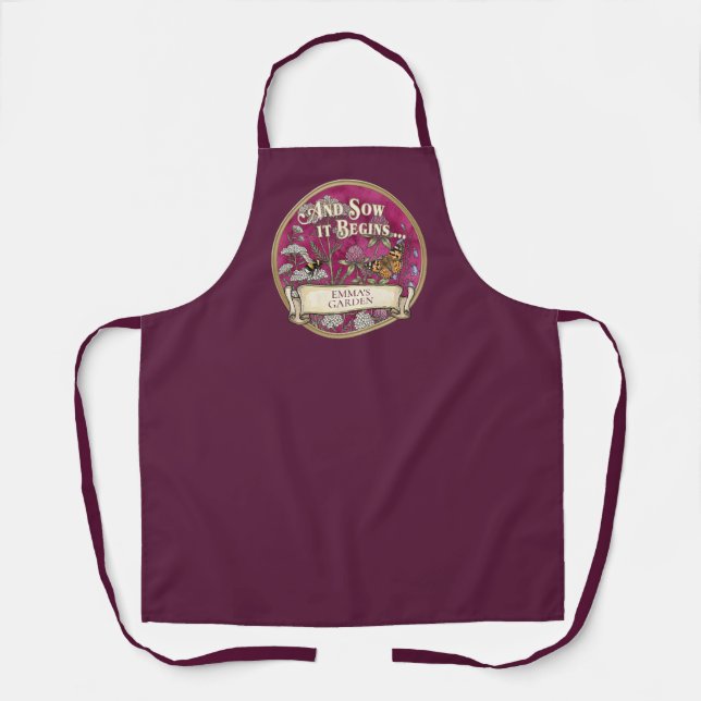 Dark Pink Garden Apron - Custom Pollinator Design (Front)