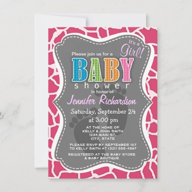 Dark Pink Giraffe Animal Print Invitation (Front)