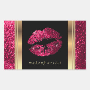 Dark Pink Glitter Lips and Elegant Gold Font Rectangular Sticker
