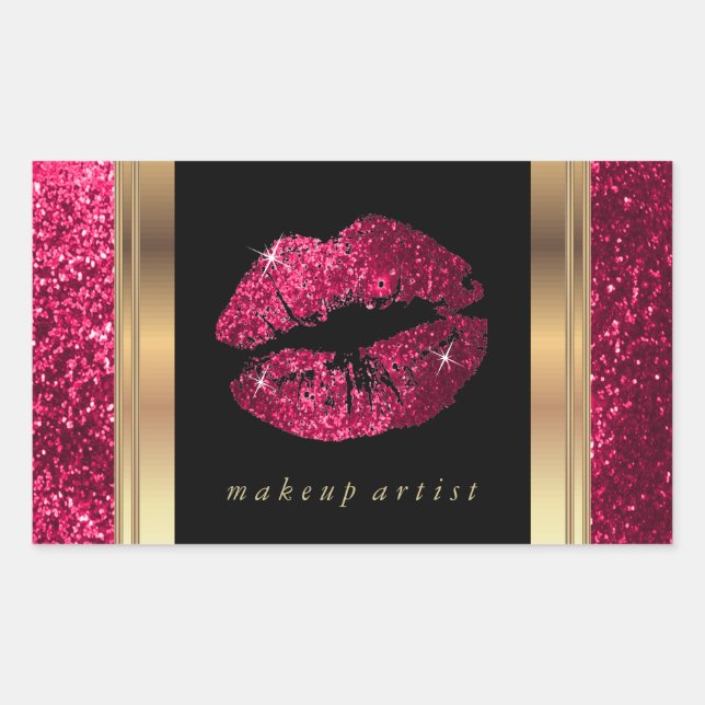 Dark Pink Glitter Lips and Elegant Gold Font Rectangular Sticker (Front)
