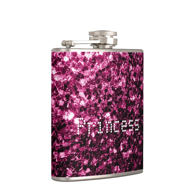 Dark Pink glitter sparkles Princess Personalise Hip Flask (Right)