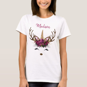 Dark Pink Gold Monogram Christmas Unicorn Reindeer T-Shirt