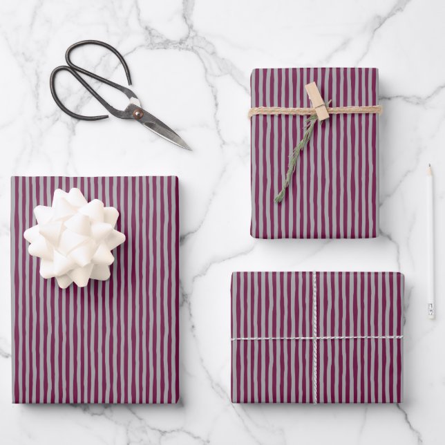 Dark Pink & Gray Wonky Stripes Wrapping Paper Sheet (Front)