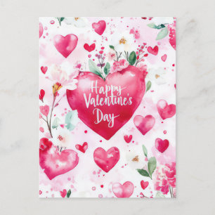 Dark pink Hearts and Flowers Valentine's Greeting Postcard