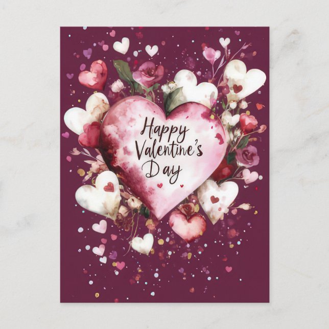 Dark pink Hearts and roses Valentine's Greeting Postcard (Front)