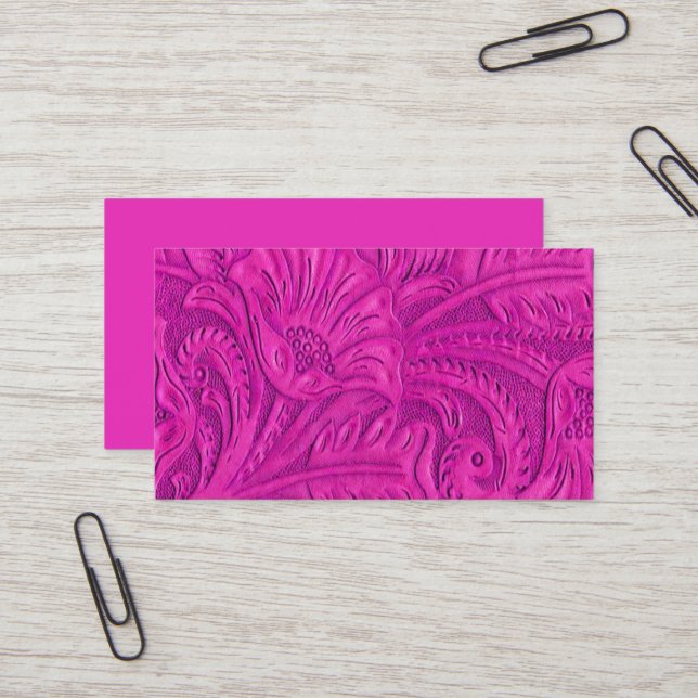 Dark Pink Leather Print Business Cards (Front/Back In Situ)