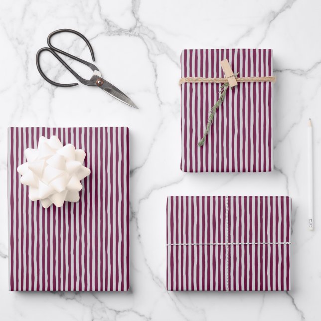 Dark Pink & Light Gray Wonky Stripes Wrapping Paper Sheet (Front)