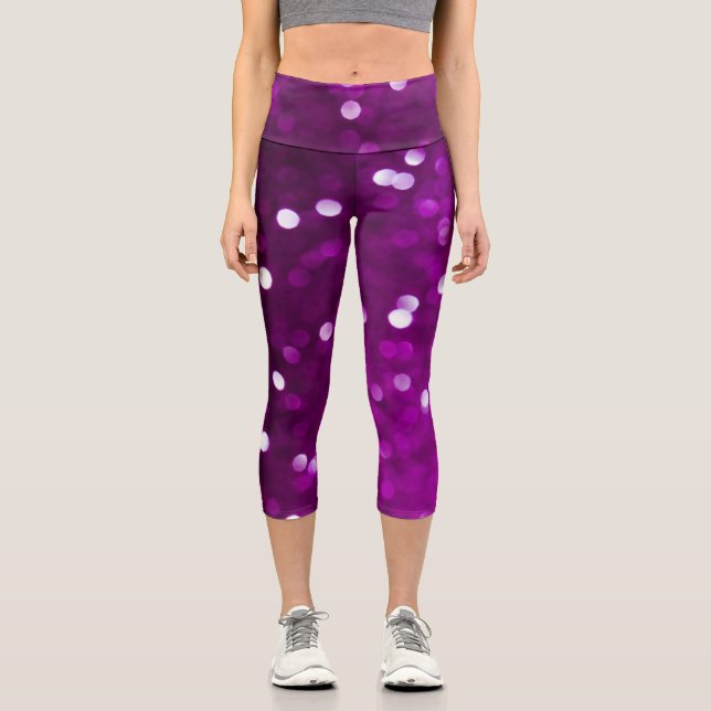 Dark Pink Magenta Fuchsia Sparkly Bokeh Abstract Capri Leggings (Front)