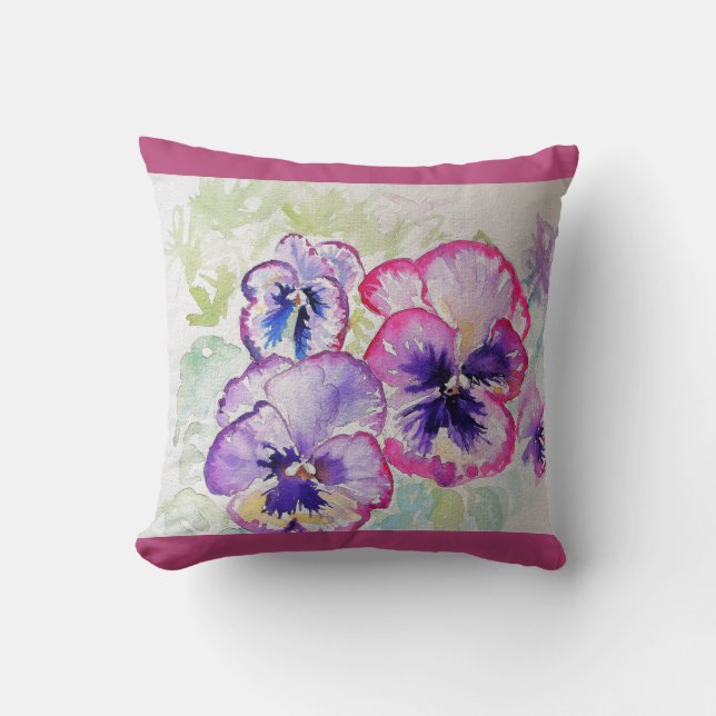 Dark Pink Pansy Watercolour Flower floral Cushion (Front)