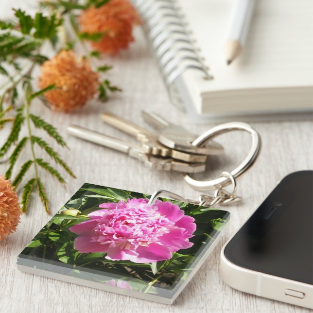 Dark pink peonies  key ring (Front Right)