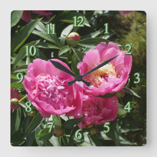 Dark pink peonies square wall clock
