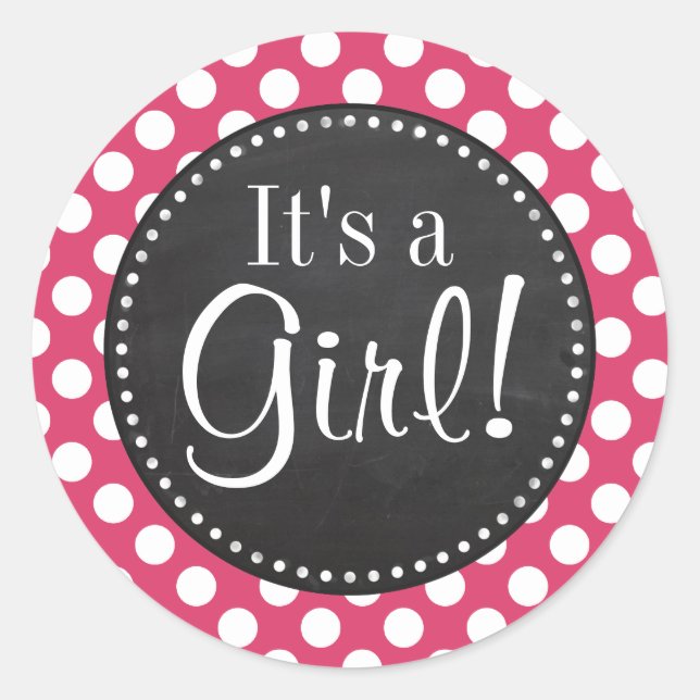 Dark Pink Polka Dots; Retro Chalkboard look Classic Round Sticker (Front)