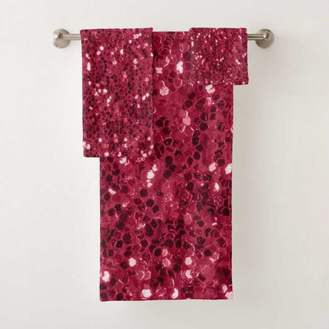 Dark pink red magenta faux sparkles glitters bath towel set (Insitu)