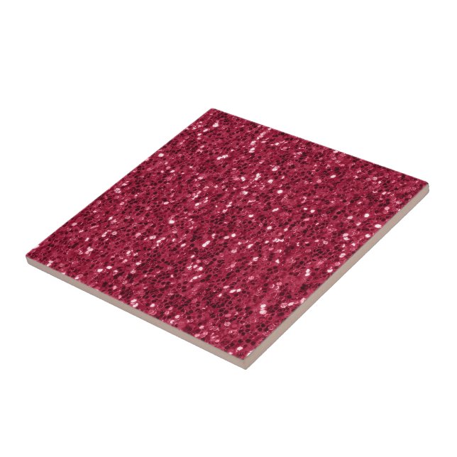 Dark pink red magenta faux sparkles glitters ceramic tile (Side)